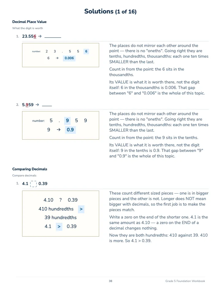 5th Grade Math Workbook: Foundation — The back of the book: a worked solution for each kind of question