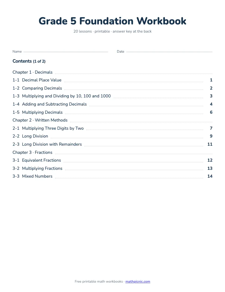 5th Grade Math Workbook: Foundation — printable workbook cover