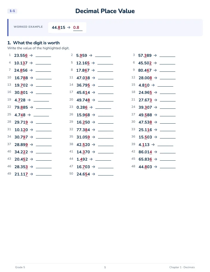 5th Grade Math Workbook — A lesson page: the worked example, then the exercise