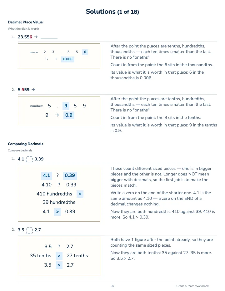 5th Grade Math Workbook — The back of the book: a worked solution for each kind of question
