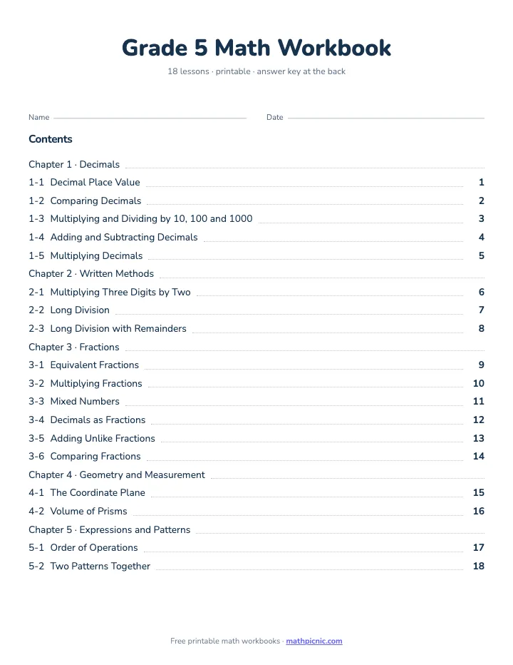 5th Grade Math Workbook — printable workbook cover