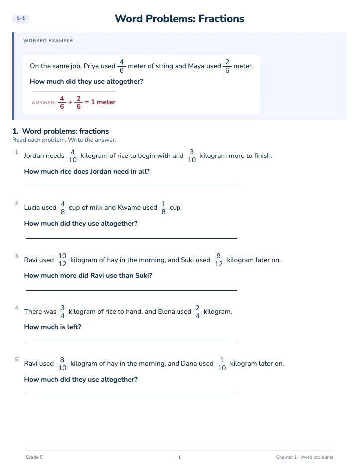 5th Grade Word Problems Workbook — A lesson page: the worked example, then the exercise