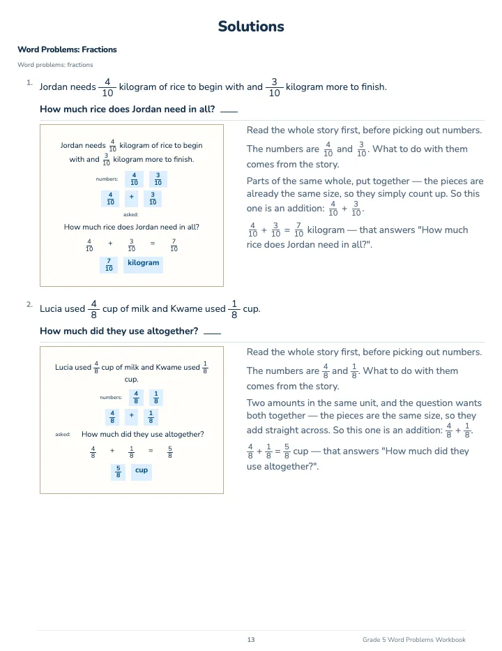 5th Grade Word Problems Workbook — The back of the book: a worked solution for each kind of question