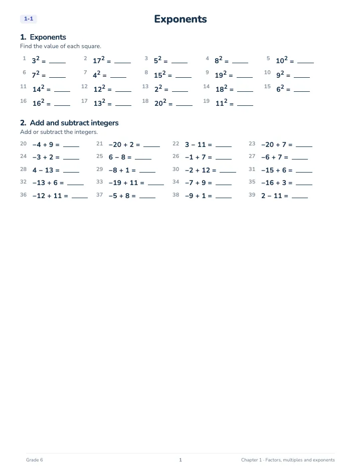 6th Grade Factors, Multiples and Exponents Workbook — A lesson page: the worked example, then the exercise