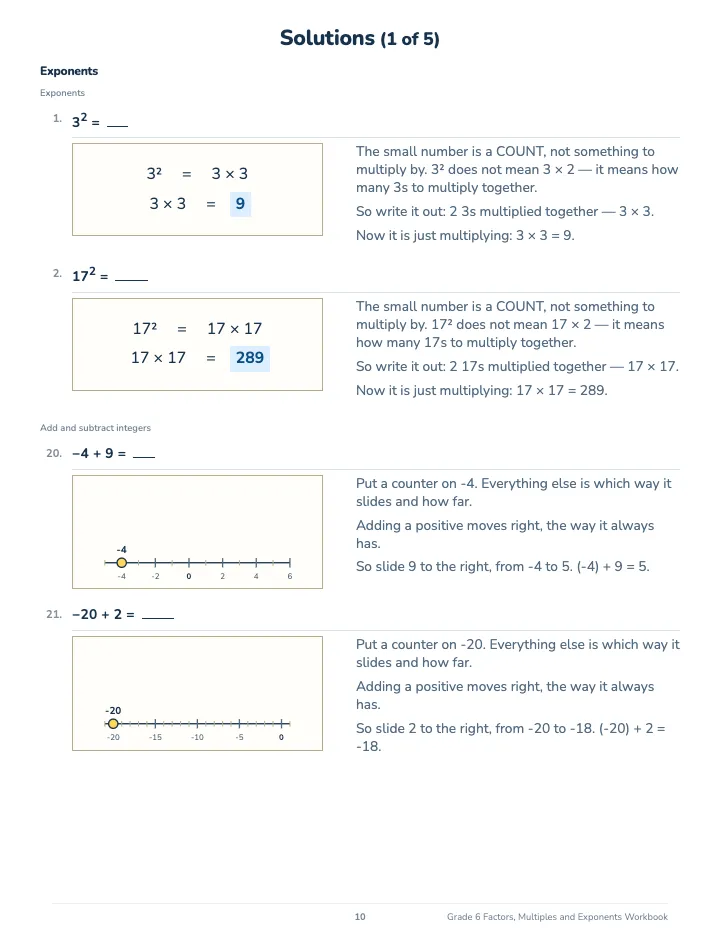 6th Grade Factors, Multiples and Exponents Workbook — The back of the book: a worked solution for each kind of question