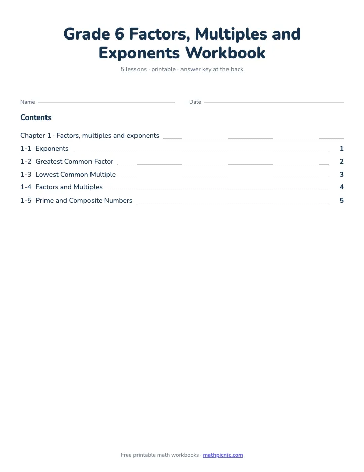 6th Grade Factors, Multiples and Exponents Workbook — printable workbook cover