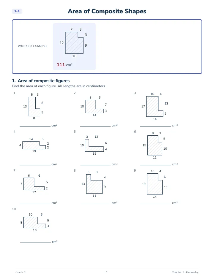 6th Grade Geometry Workbook — A lesson page: the worked example, then the exercise