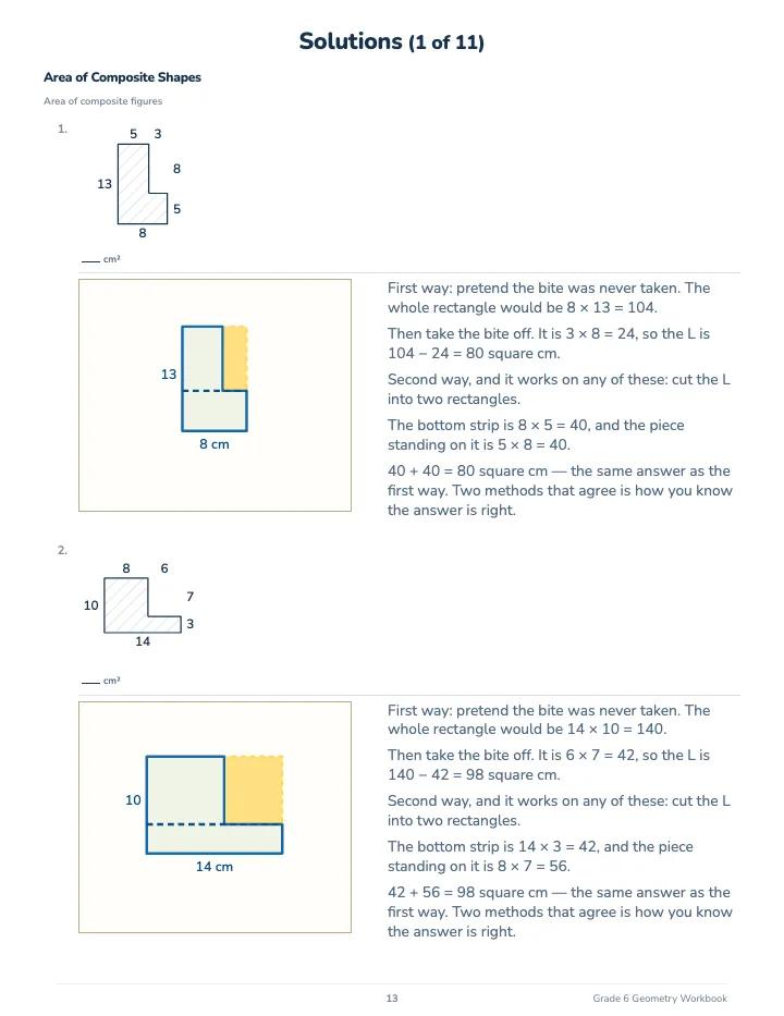 6th Grade Geometry Workbook — The back of the book: a worked solution for each kind of question