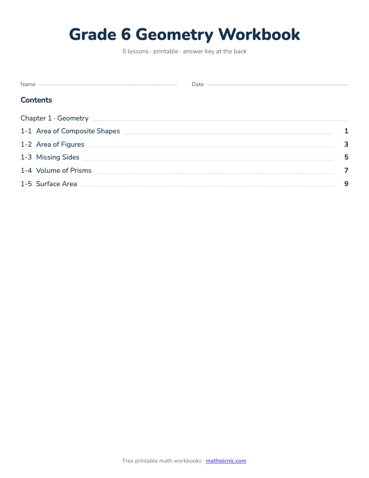 6th Grade Geometry Workbook — printable workbook cover