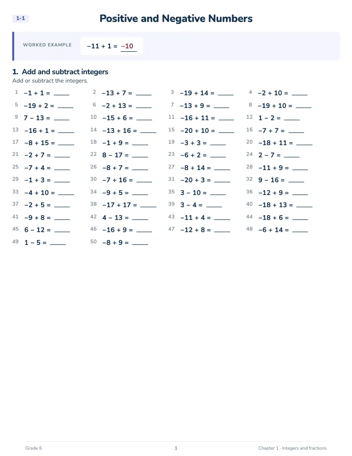 6th Grade Integers and Fractions Workbook — A lesson page: the worked example, then the exercise