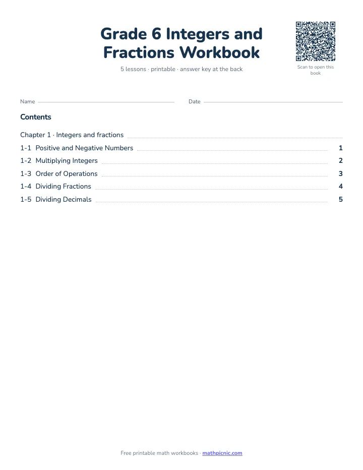6th Grade Integers and Fractions Workbook — printable workbook cover