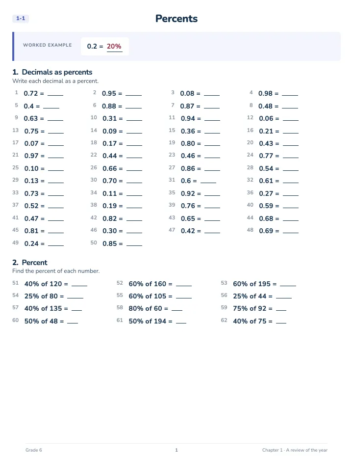 6th Grade Math Review Workbook — A lesson page: the worked example, then the exercise