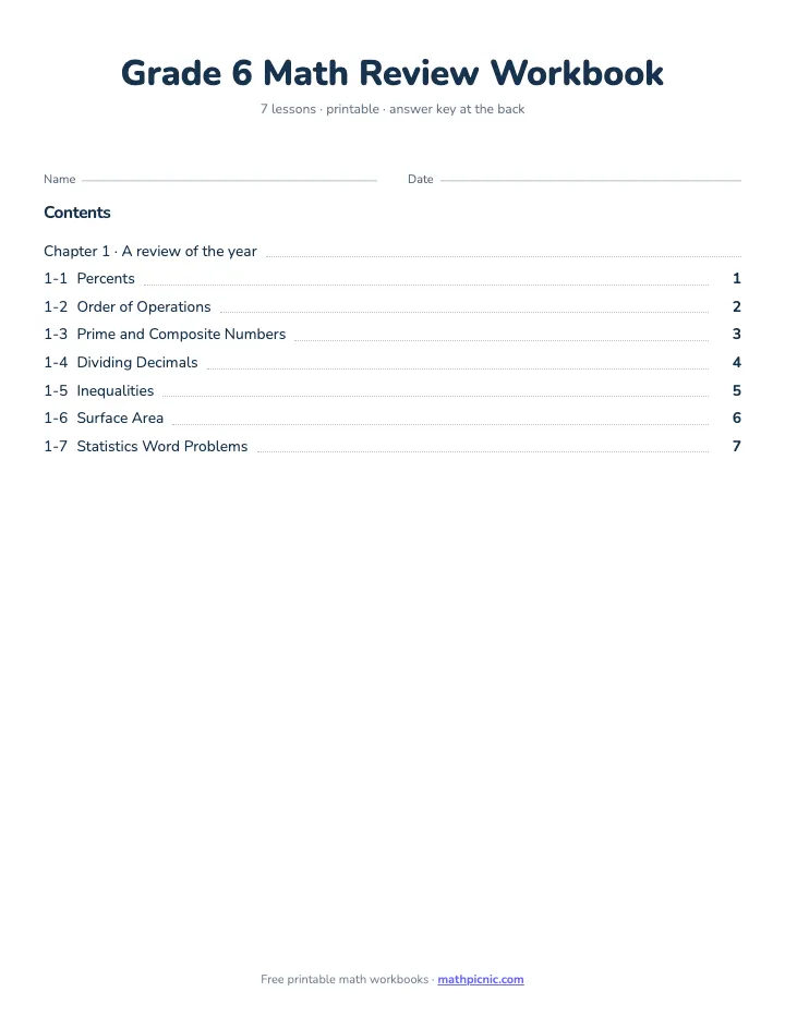 6th Grade Math Review Workbook — printable workbook cover