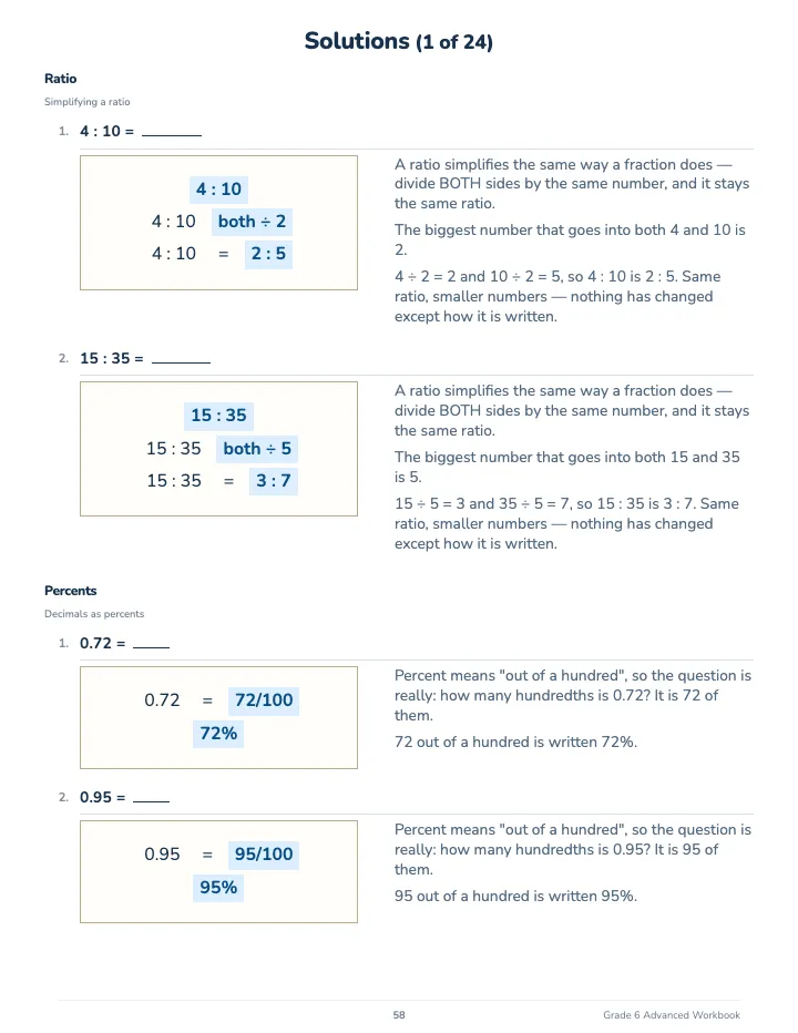 6th Grade Math Workbook: Advanced — The back of the book: a worked solution for each kind of question