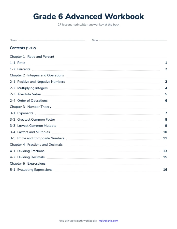 6th Grade Math Workbook: Advanced — printable workbook cover