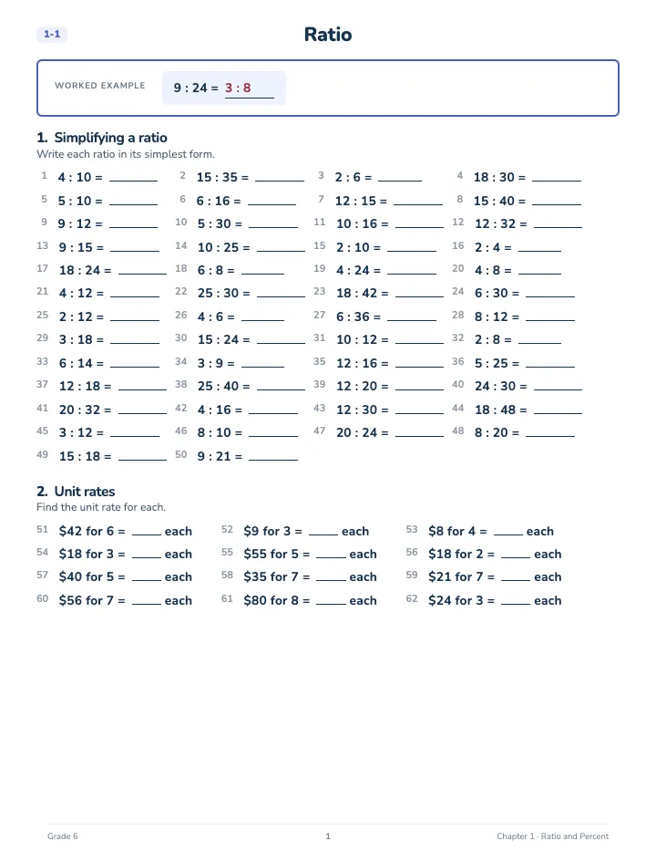 6th Grade Math Workbook: Foundation — A lesson page: the worked example, then the exercise
