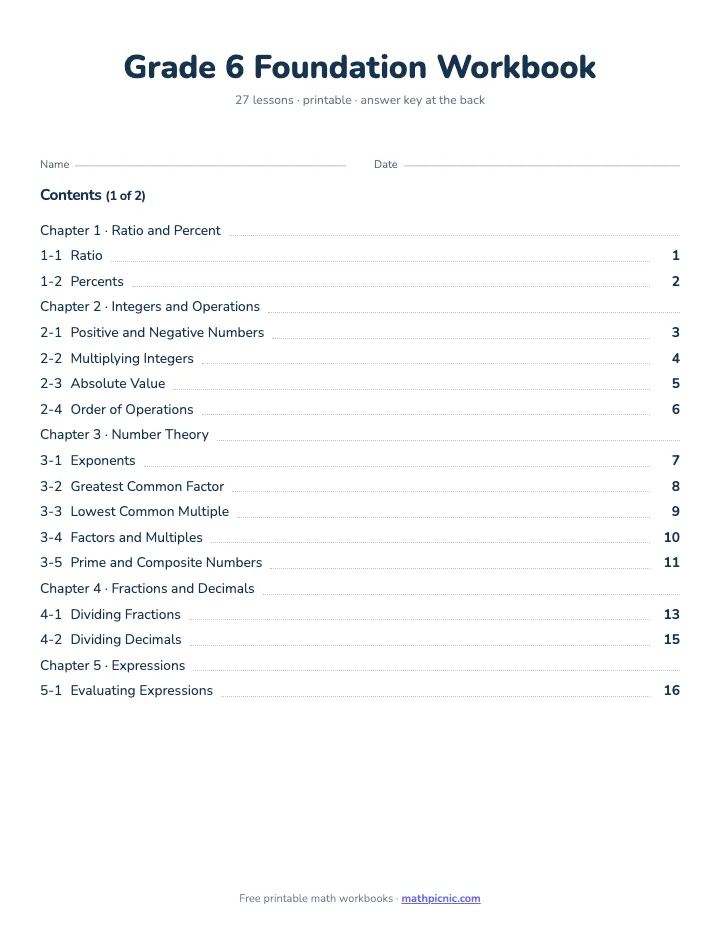 6th Grade Math Workbook: Foundation — printable workbook cover