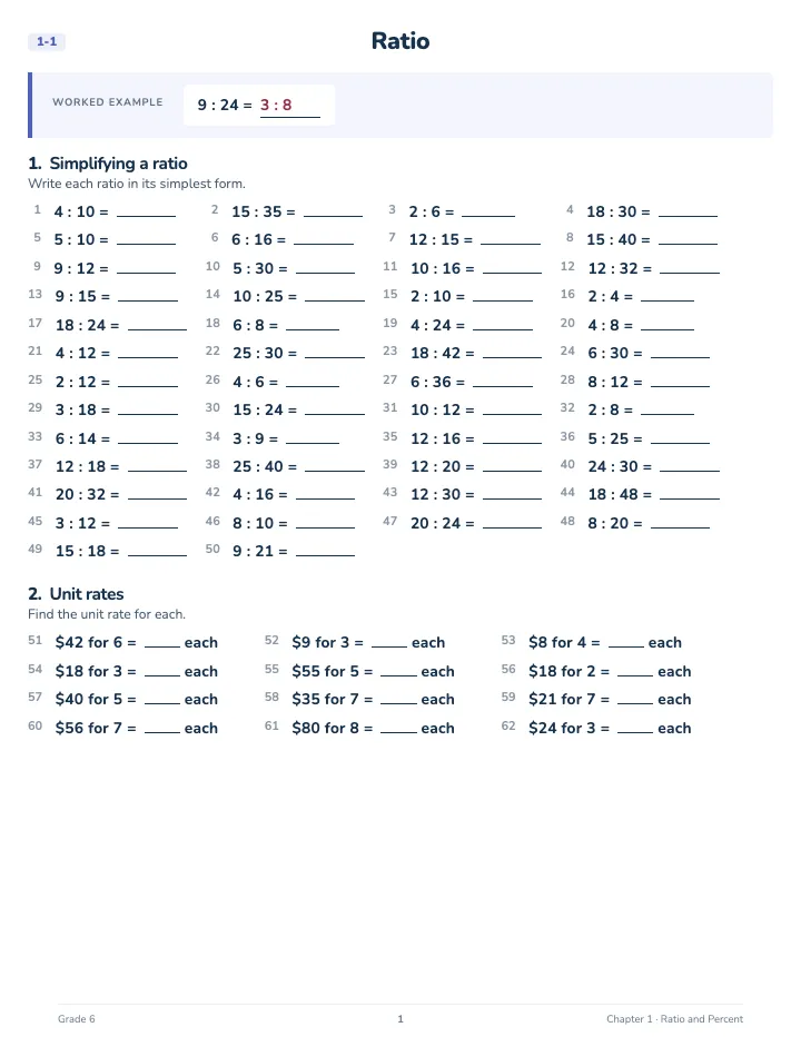 6th Grade Math Workbook — A lesson page: the worked example, then the exercise
