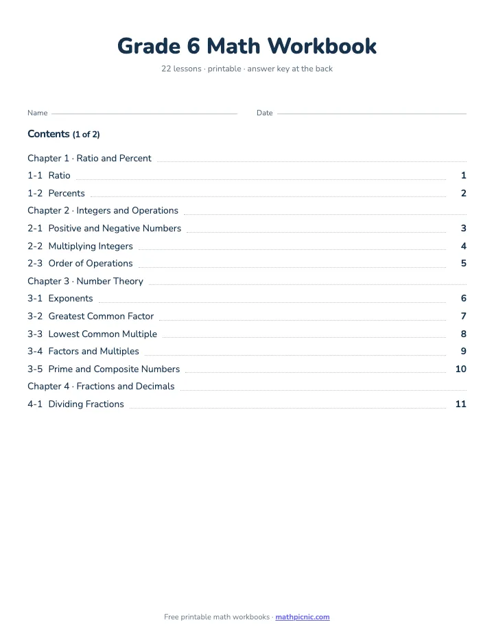 6th Grade Math Workbook — printable workbook cover
