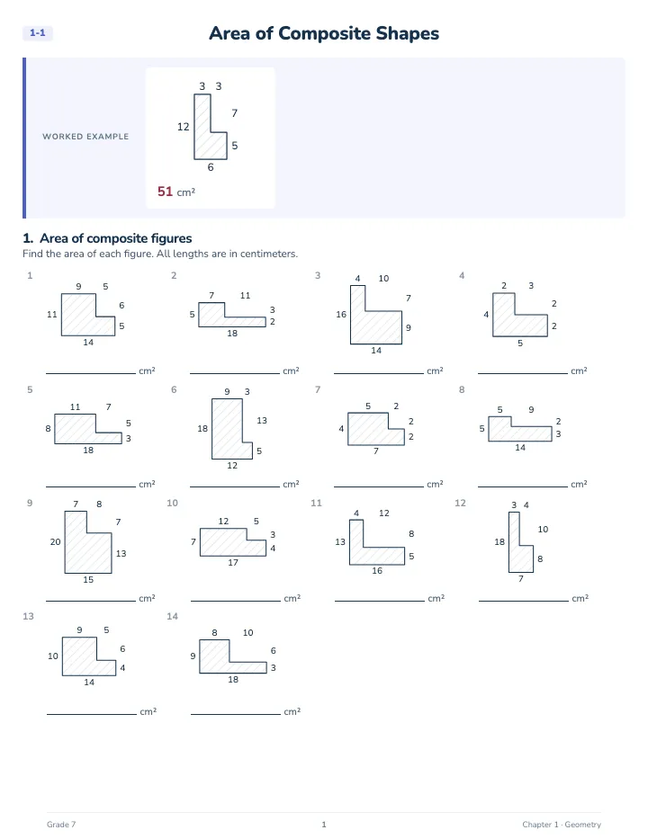7th Grade Geometry Workbook — A lesson page: the worked example, then the exercise