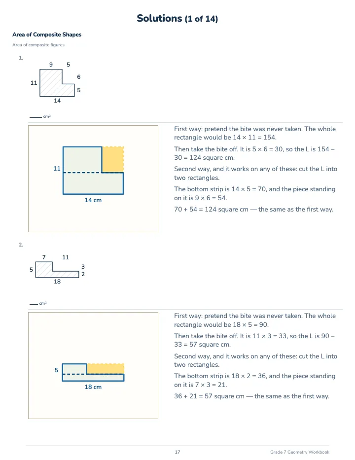 7th Grade Geometry Workbook — The back of the book: a worked solution for each kind of question
