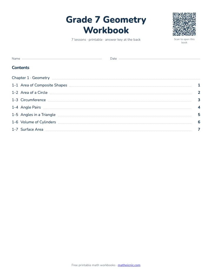 7th Grade Geometry Workbook — printable workbook cover
