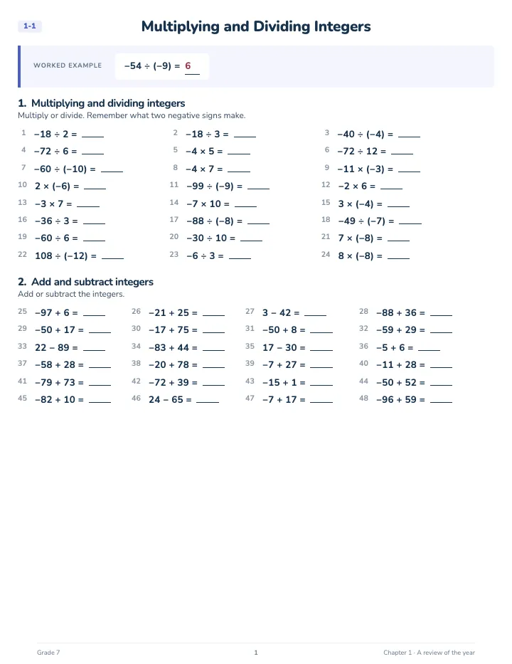 7th Grade Math Review Workbook — A lesson page: the worked example, then the exercise