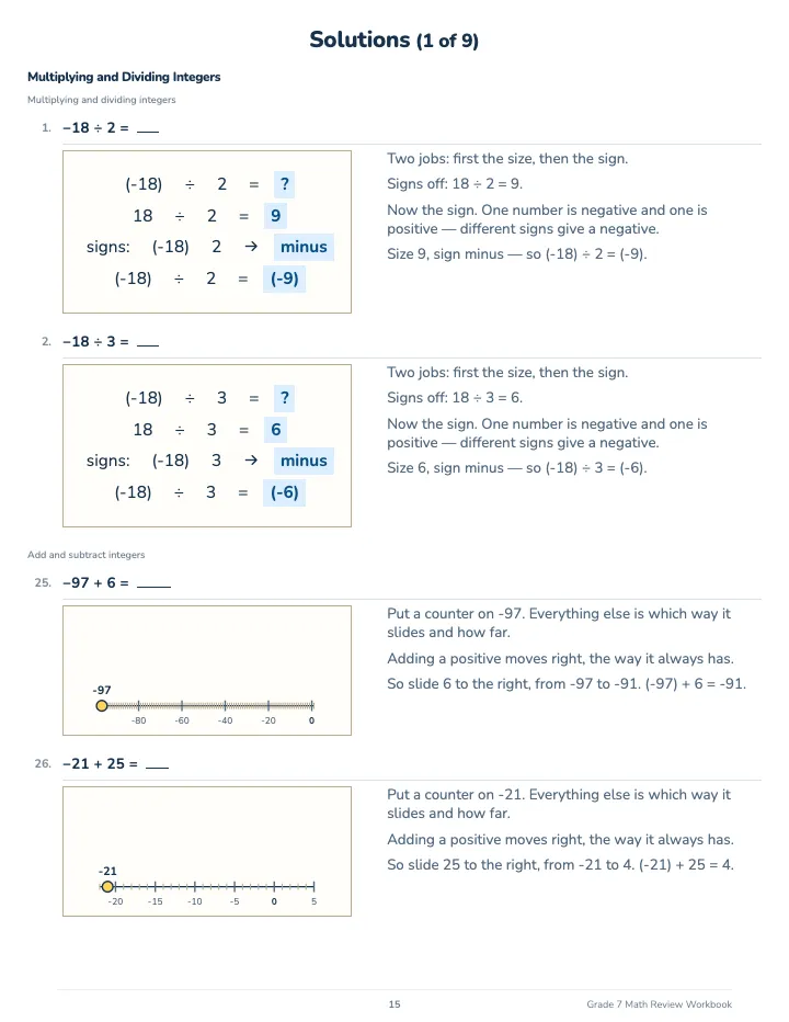 7th Grade Math Review Workbook — The back of the book: a worked solution for each kind of question