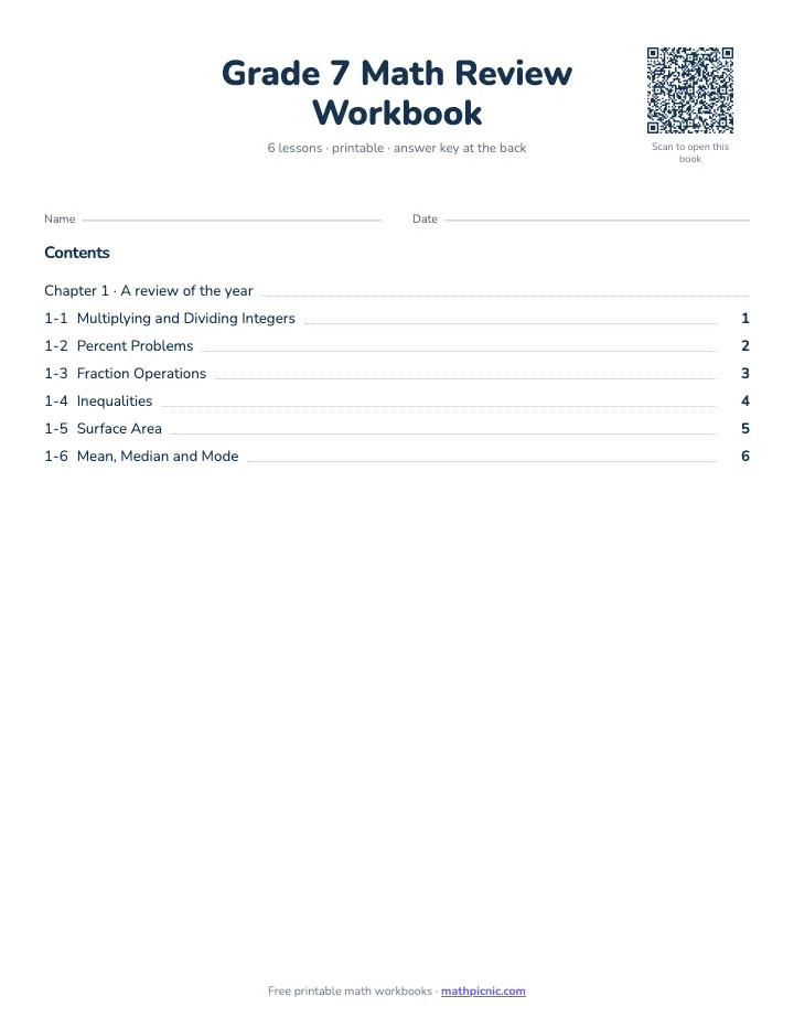 7th Grade Math Review Workbook — printable workbook cover