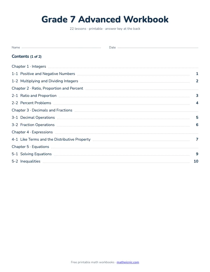 7th Grade Math Workbook: Advanced — printable workbook cover