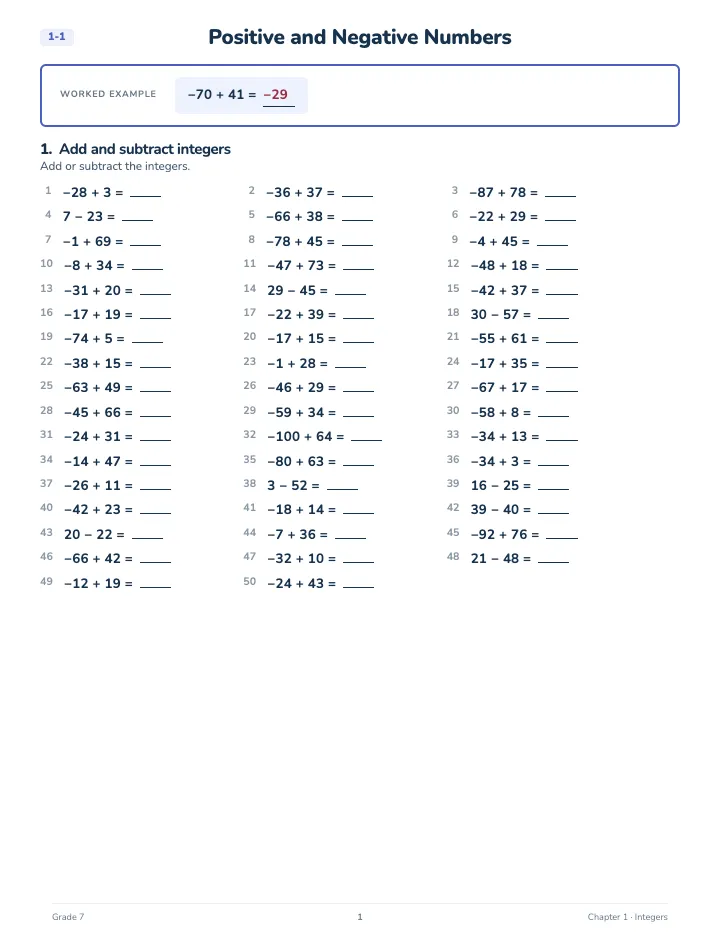 7th Grade Math Workbook: Foundation — A lesson page: the worked example, then the exercise