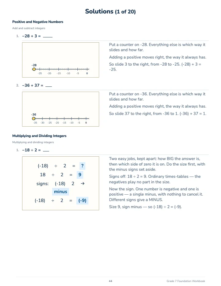 7th Grade Math Workbook: Foundation — The back of the book: a worked solution for each kind of question
