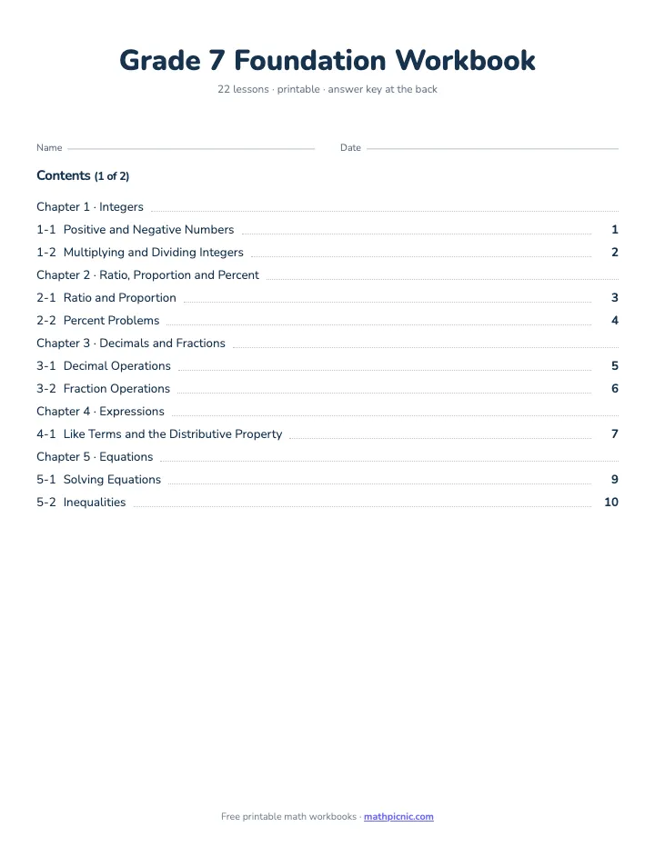 7th Grade Math Workbook: Foundation — printable workbook cover