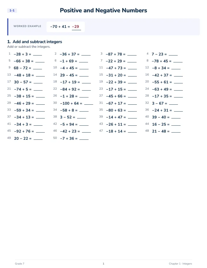 7th Grade Math Workbook — A lesson page: the worked example, then the exercise