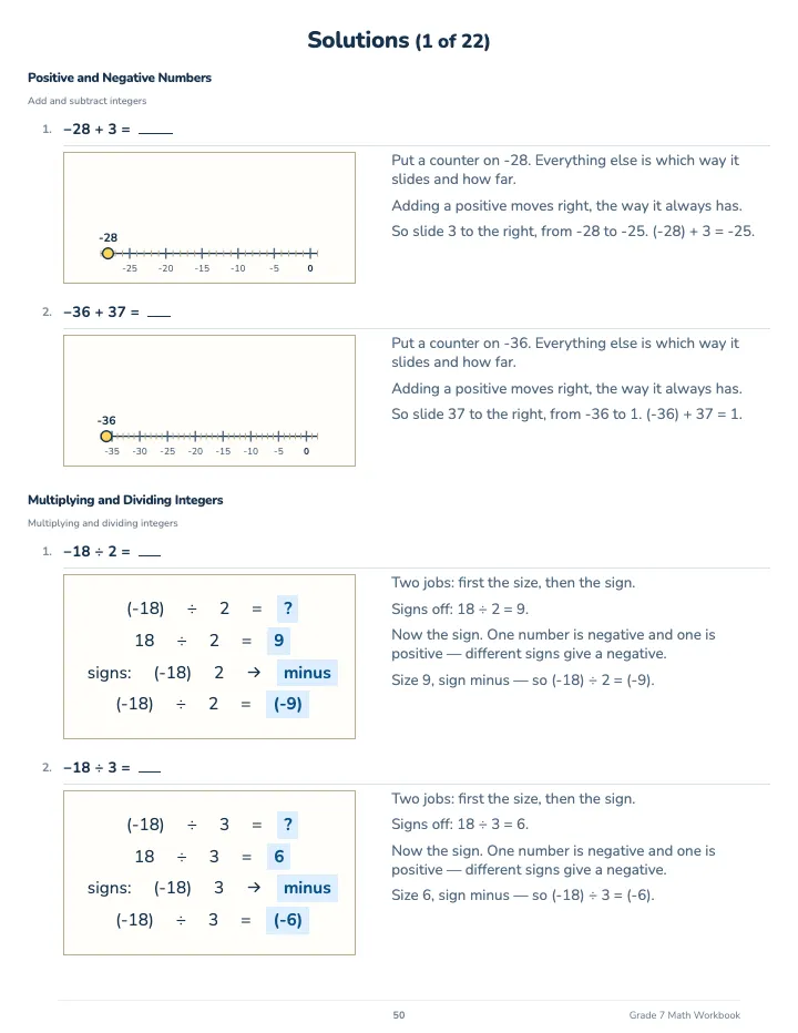 7th Grade Math Workbook — The back of the book: a worked solution for each kind of question