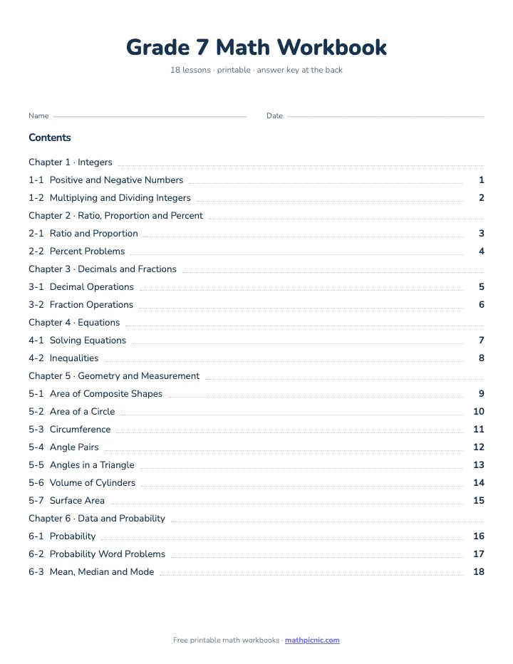 7th Grade Math Workbook — printable workbook cover