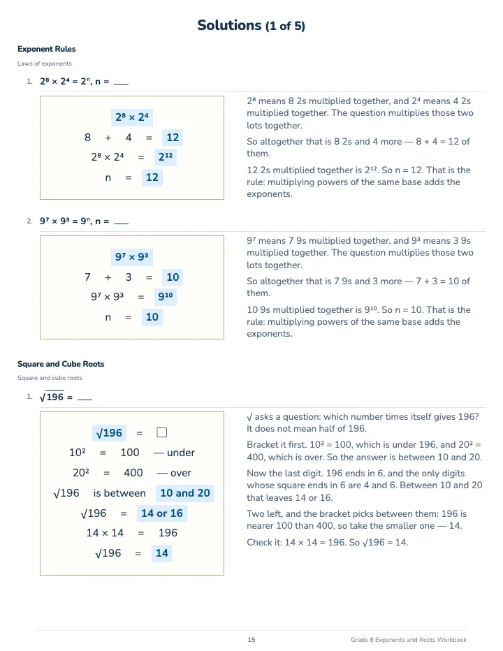 8th Grade Exponents and Roots Workbook — The back of the book: a worked solution for each kind of question