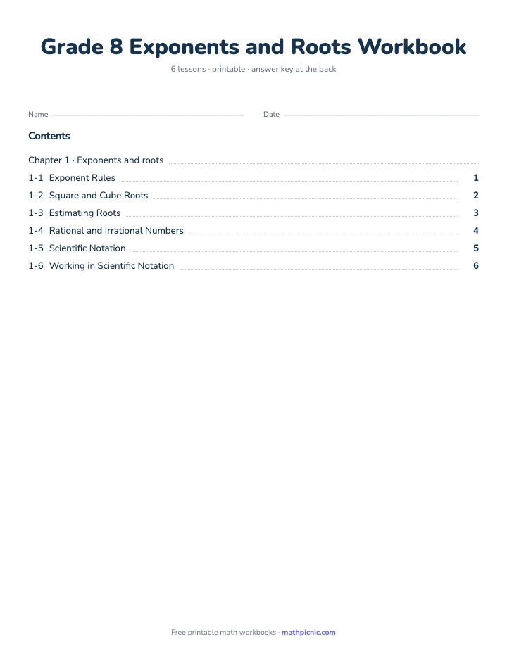 8th Grade Exponents and Roots Workbook — printable workbook cover
