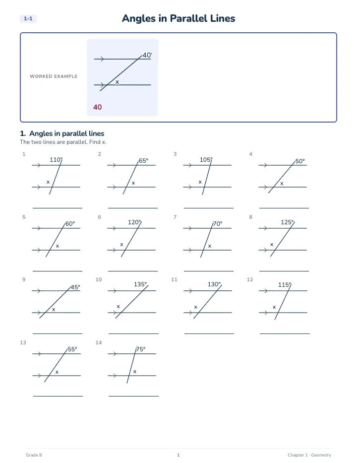 8th Grade Geometry Workbook — A lesson page: the worked example, then the exercise