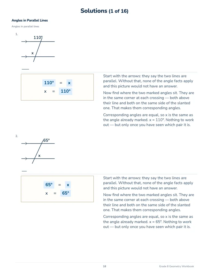 8th Grade Geometry Workbook — The back of the book: a worked solution for each kind of question