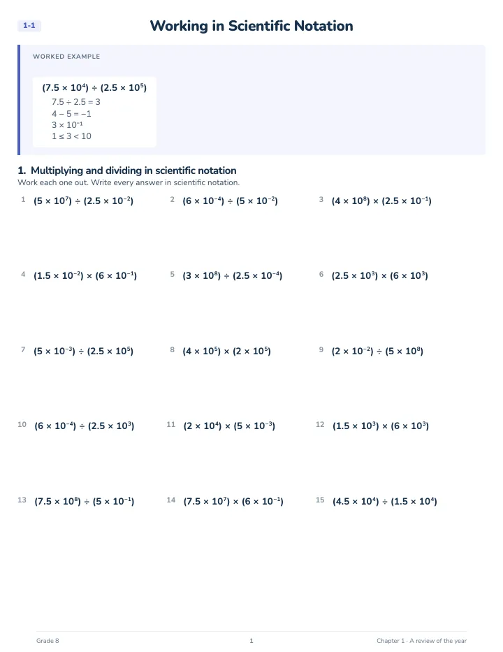 8th Grade Math Review Workbook — A lesson page: the worked example, then the exercise