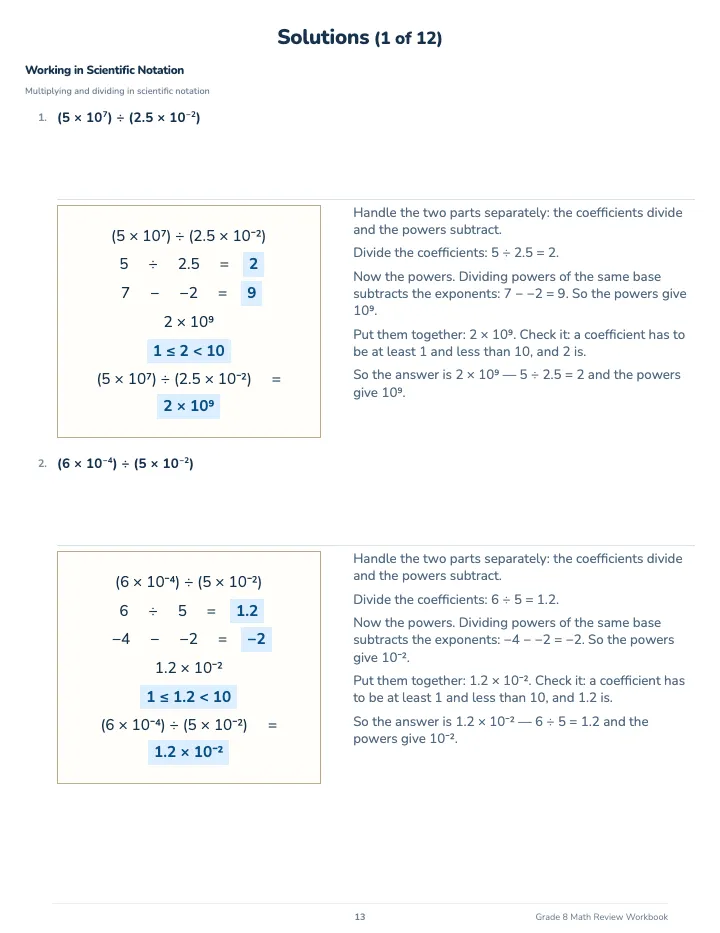 8th Grade Math Review Workbook — The back of the book: a worked solution for each kind of question