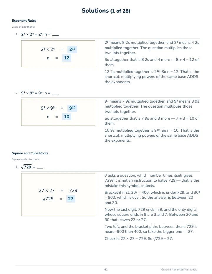 8th Grade Math Workbook: Advanced — The back of the book: a worked solution for each kind of question