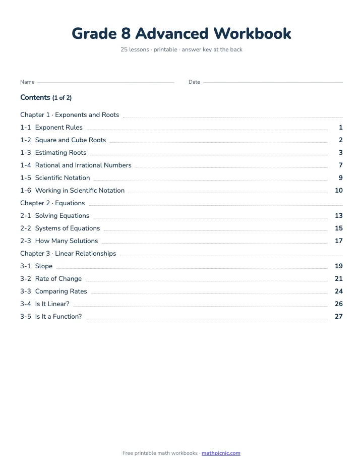 8th Grade Math Workbook: Advanced — printable workbook cover