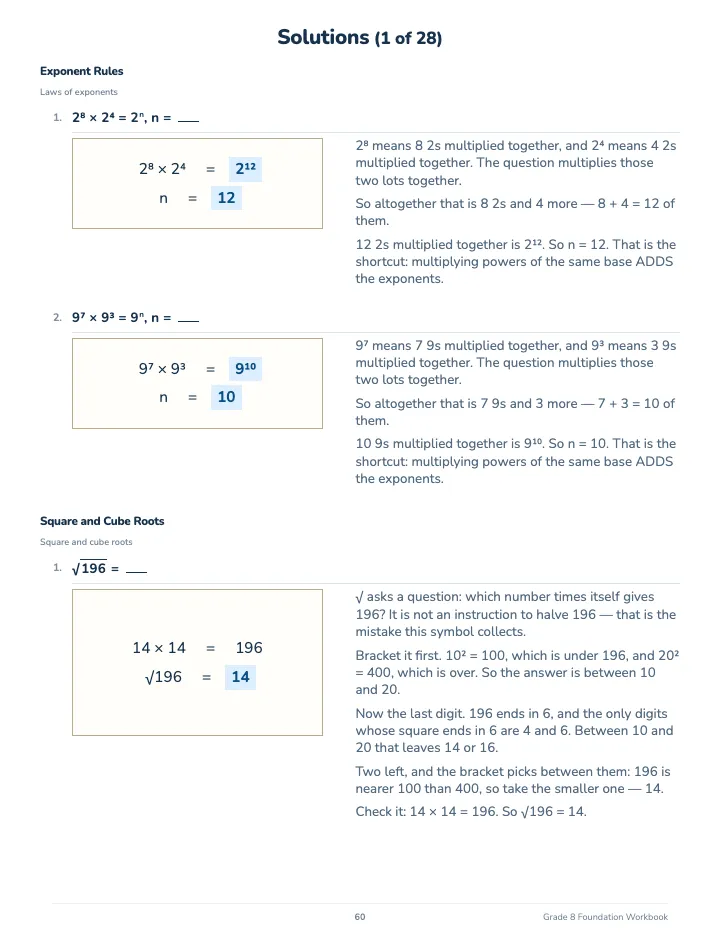 8th Grade Math Workbook: Foundation — The back of the book: a worked solution for each kind of question