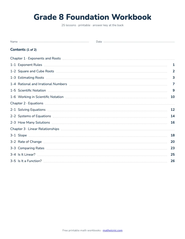 8th Grade Math Workbook: Foundation — printable workbook cover