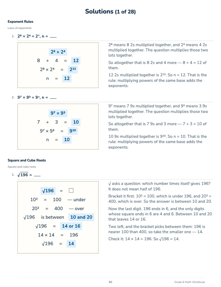 8th Grade Math Workbook — The back of the book: a worked solution for each kind of question