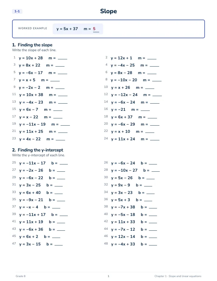 8th Grade Slope and Linear Equations Workbook — A lesson page: the worked example, then the exercise