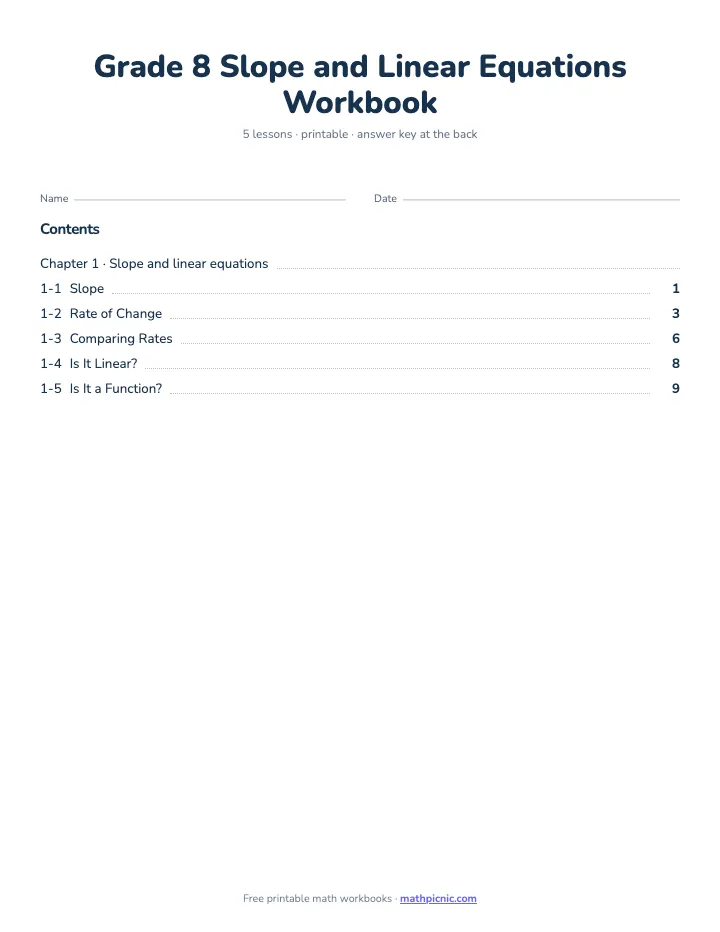 8th Grade Slope and Linear Equations Workbook — printable workbook cover