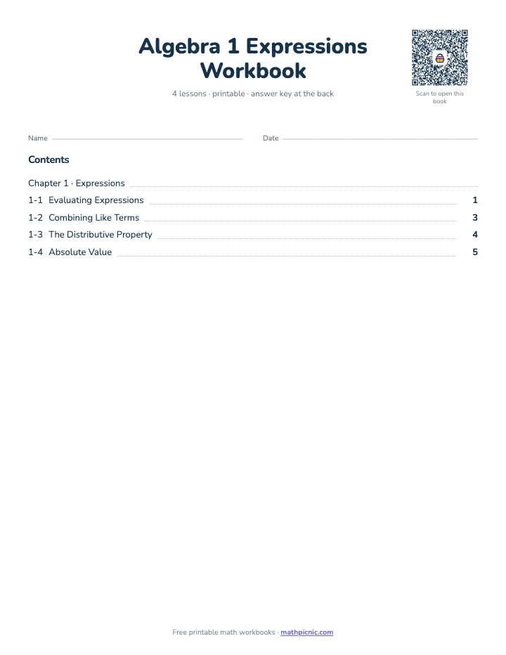 Algebra 1 Expressions Workbook — printable workbook cover